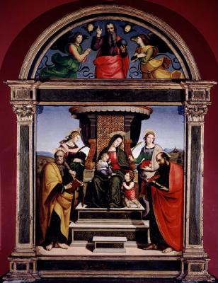 Raffaello: Madonna gyermekével, akit szentek emeltek trónra, 1504 körül